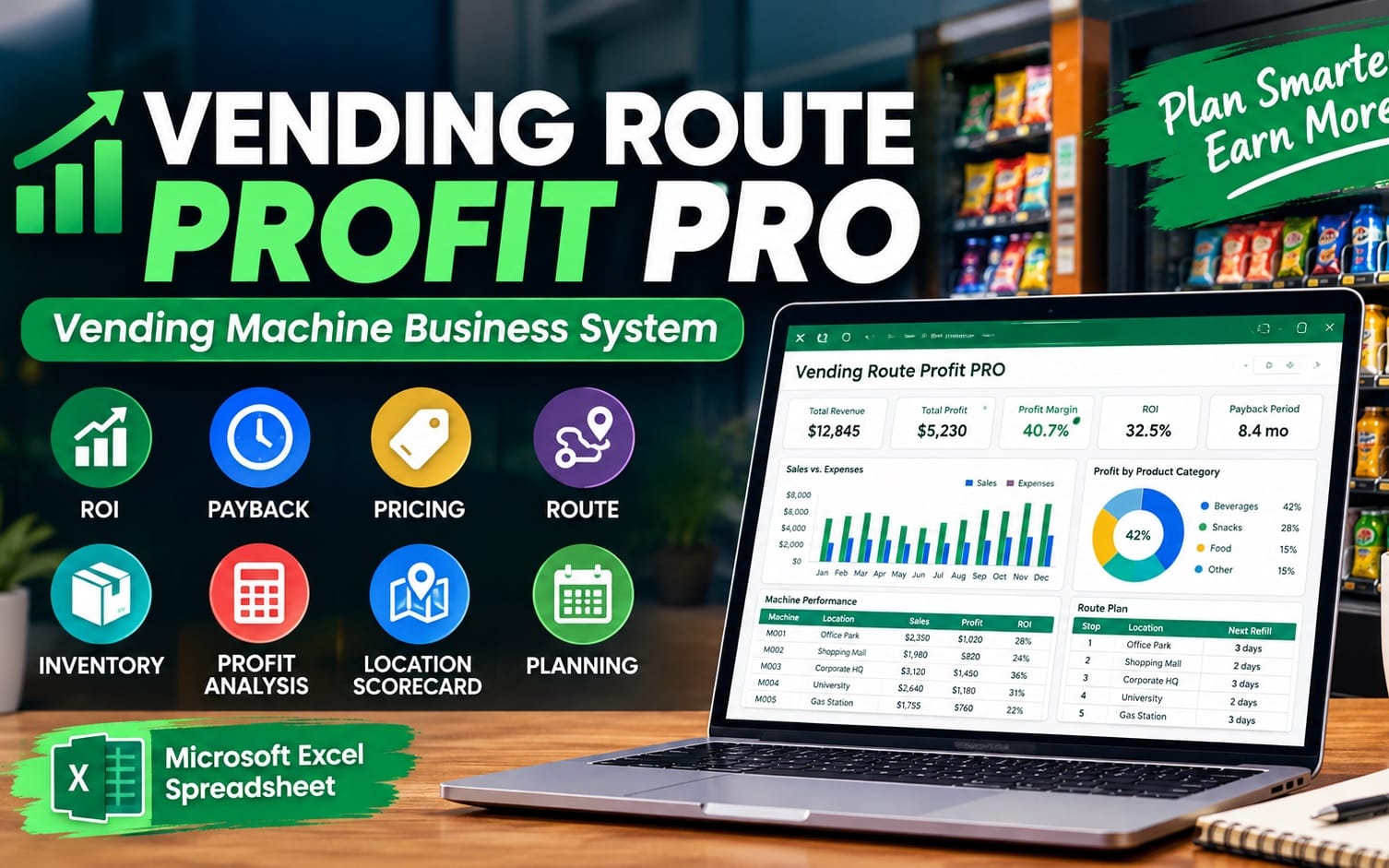 Promotional graphic for Vending Route Profit PRO Excel spreadsheet showing a laptop dashboard with profit metrics and