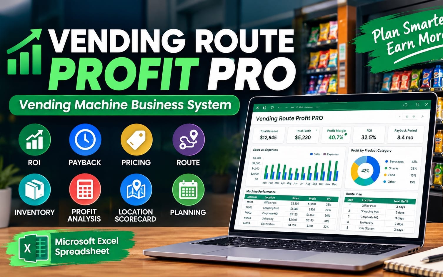 Laptop displaying Vending Route Profit PRO Excel spreadsheet for a vending machine business system with charts and