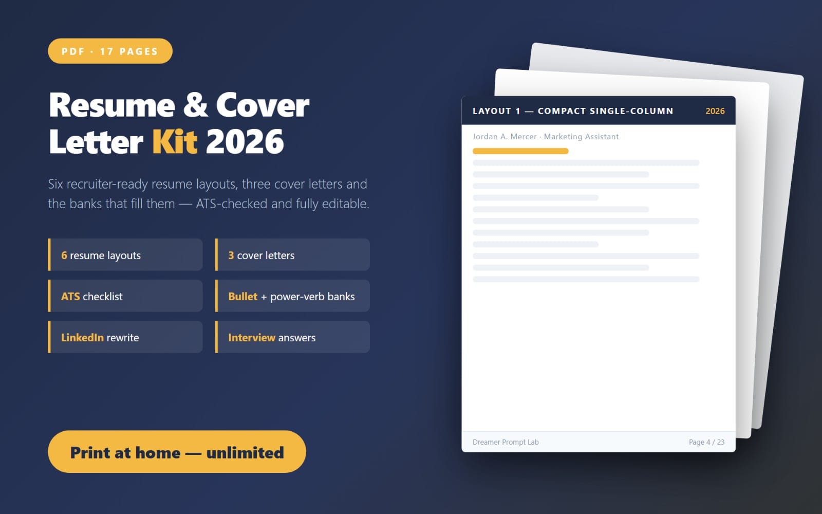 Resume and cover letter kit 2026 PDF cover preview with ATS layout page screenshot and feature list on blue background