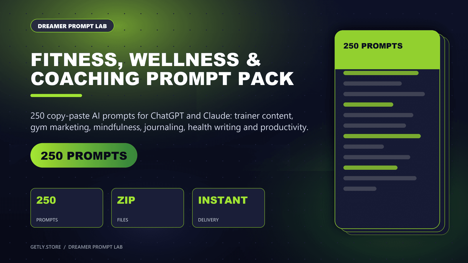 Fitness, Wellness & Coaching Prompt Pack - 250 Prompts for Personal trainers, gyms, mindfulness, journaling, health writing & productivity. 250 copy-paste AI prompts for ChatGPT and Claude: trainer content, gym marketing, mindfulness, journ