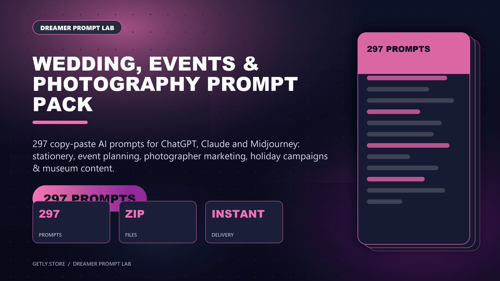 Wedding, Events & Photography Prompt Pack - 297 Prompts for Planners, Holiday & Museum. 297 copy-paste AI prompts for ChatGPT, Claude and Midjourney: stationery, event planning, photographer marketing, holiday campaigns & museum content.