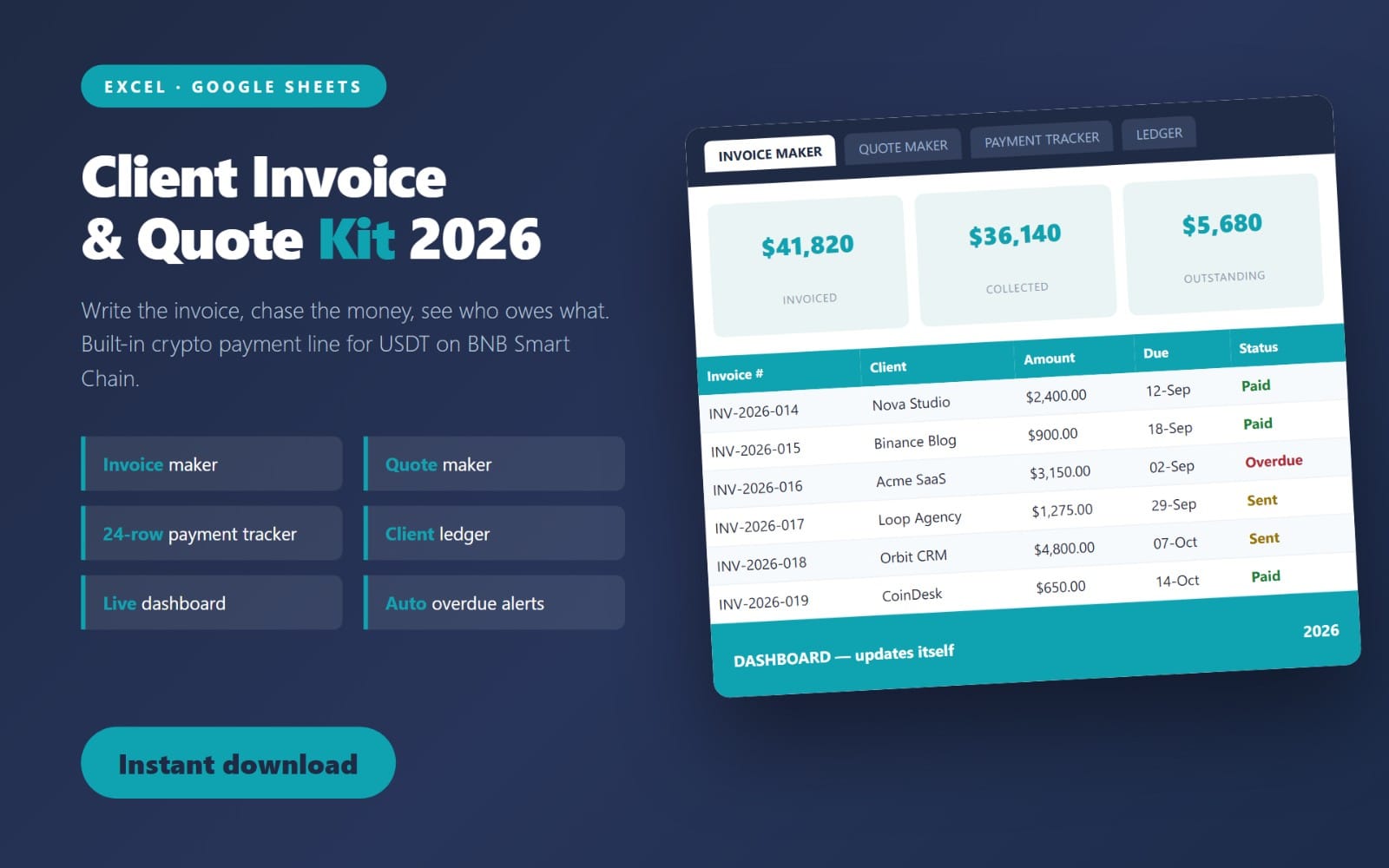 Promotional banner for Client Invoice and Quote Kit 2026 showing an Excel/Google Sheets payment dashboard with invoice