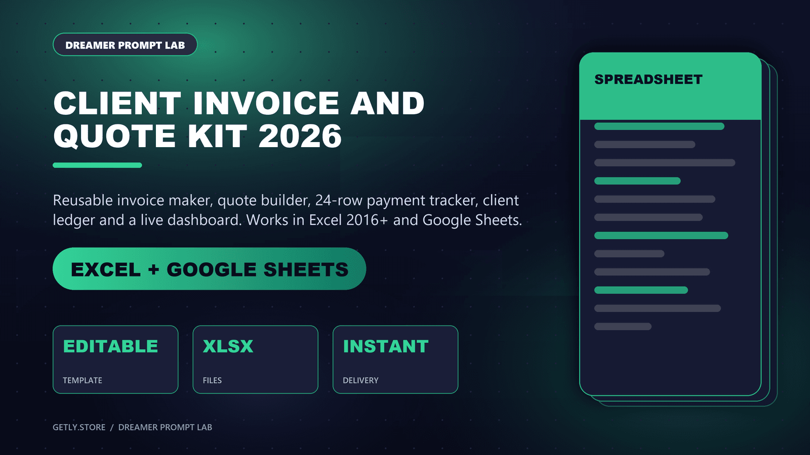 Client Invoice and Quote Kit 2026 — Invoice Maker, Payment Tracker & Dashboard for Excel and Google Sheets. Reusable invoice maker, quote builder, 24-row payment tracker, client ledger and a live dashboard. Works in Excel 2016+ and Google S
