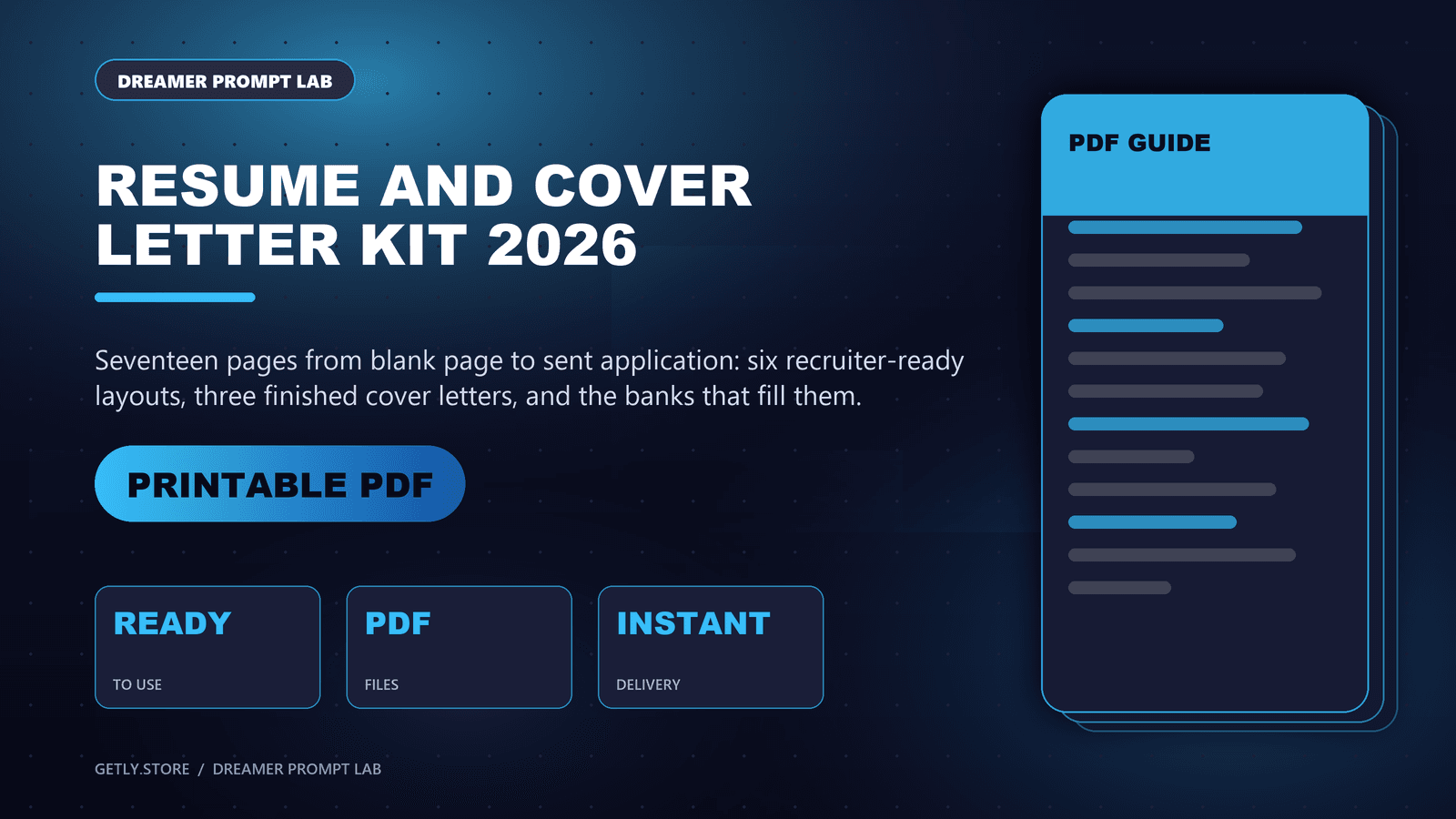 Resume and Cover Letter Kit 2026 — 6 ATS Resume Layouts, 3 Cover Letters, Bullet Bank, Power Verbs & Interview Answers (PDF). Seventeen pages from blank page to sent application: six recruiter-ready layouts, three finished cover letters, an