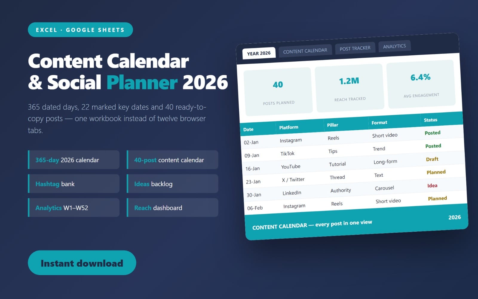 2026 content calendar and social media planner spreadsheet template for Excel and Google Sheets with posting tracker