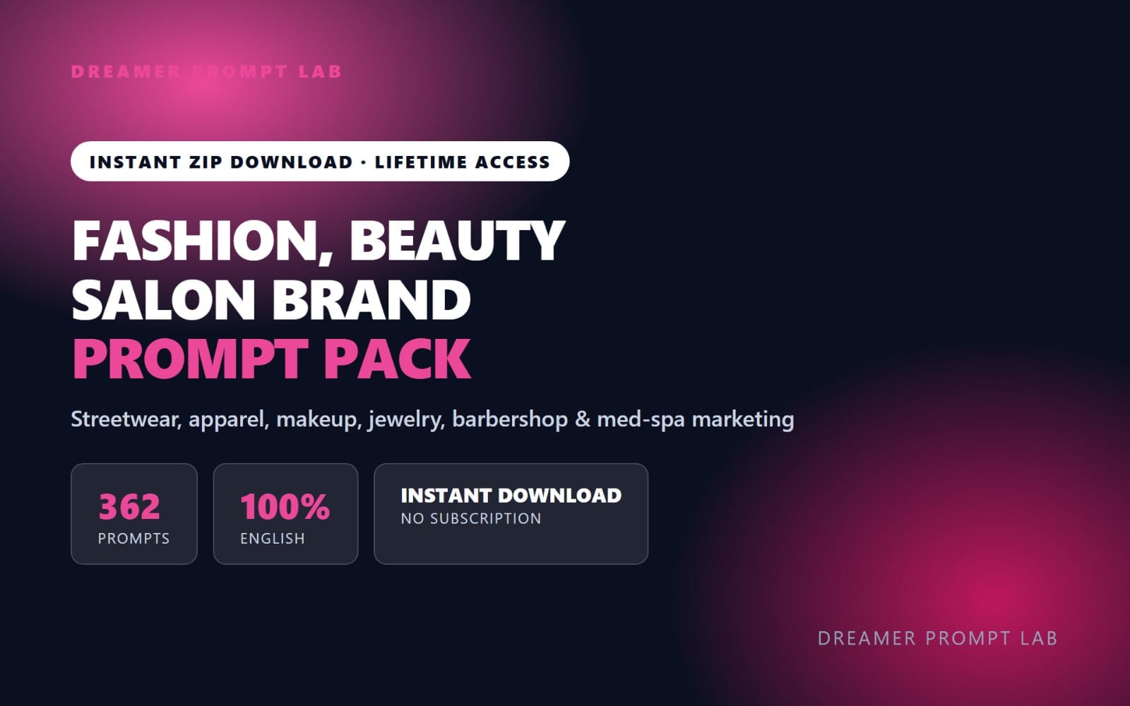 Fashion, Beauty & Salon Brand Prompt Pack - 362 Prompts for Streetwear, apparel, makeup, jewelry, barbershop & med-spa marketing