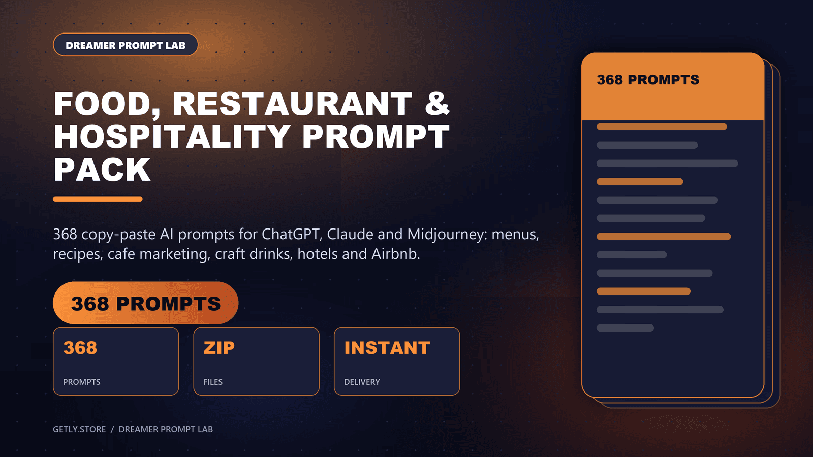 Food, Restaurant & Hospitality Prompt Pack - 368 Prompts for Menus, Recipes, Cafes, Craft Drinks, Hotels & Airbnb. 368 copy-paste AI prompts for ChatGPT, Claude and Midjourney: menus, recipes, cafe marketing, craft drinks, hotels and Airbnb