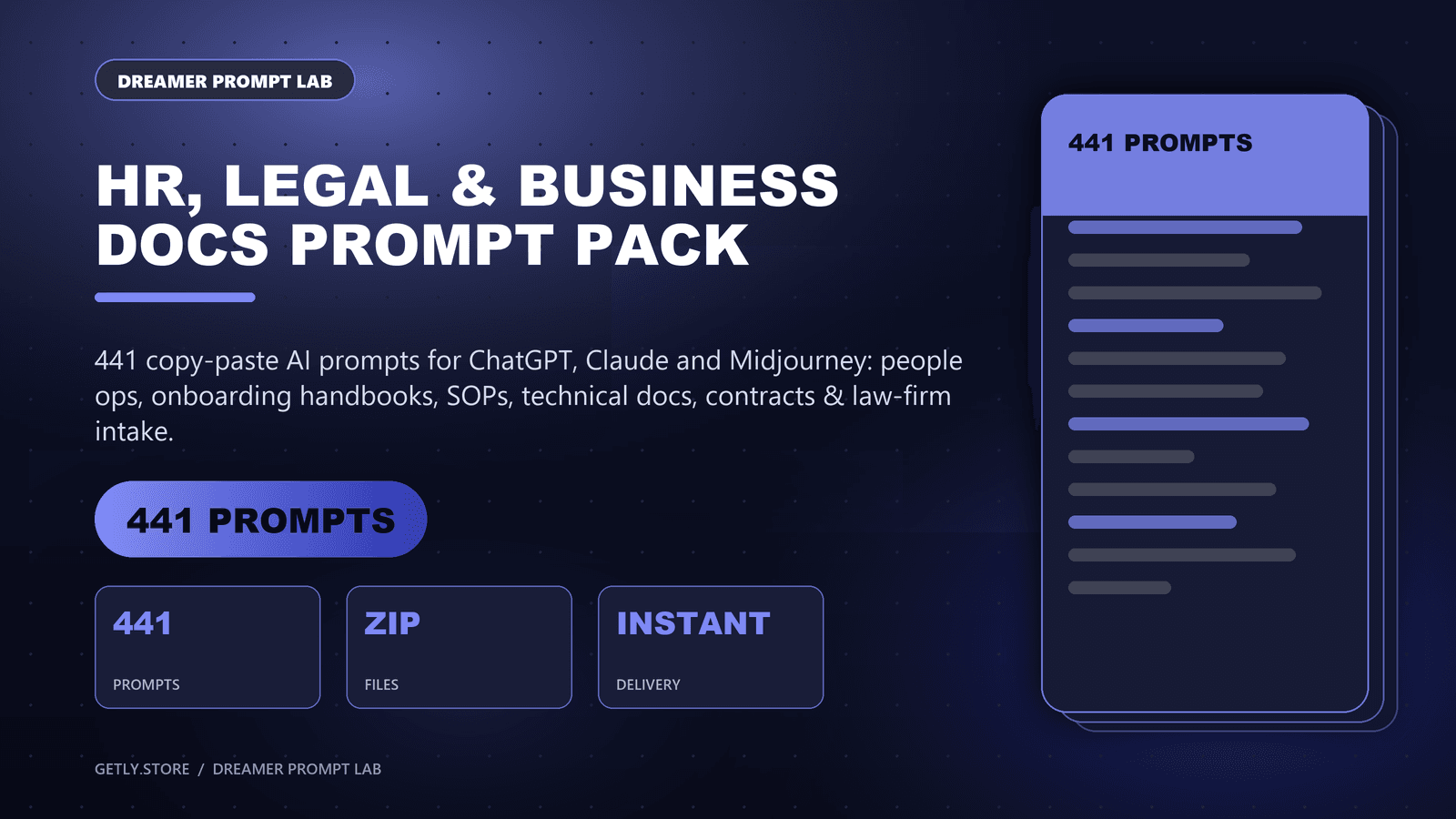 HR, Legal & Business Docs Prompt Pack - 441 Prompts for Handbooks, SOPs & Contracts. 441 copy-paste AI prompts for ChatGPT, Claude and Midjourney: people ops, onboarding handbooks, SOPs, technical docs, contracts & law-firm intake.