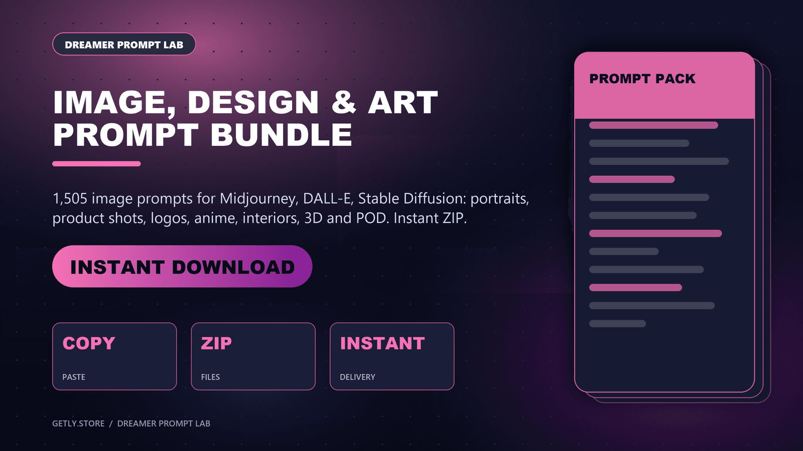 Image, Design & Art Prompt Bundle — 1,505 Midjourney & AI Art Prompts. 1,505 image prompts for Midjourney, DALL-E, Stable Diffusion: portraits, product shots, logos, anime, interiors, 3D and POD. Instant ZIP.