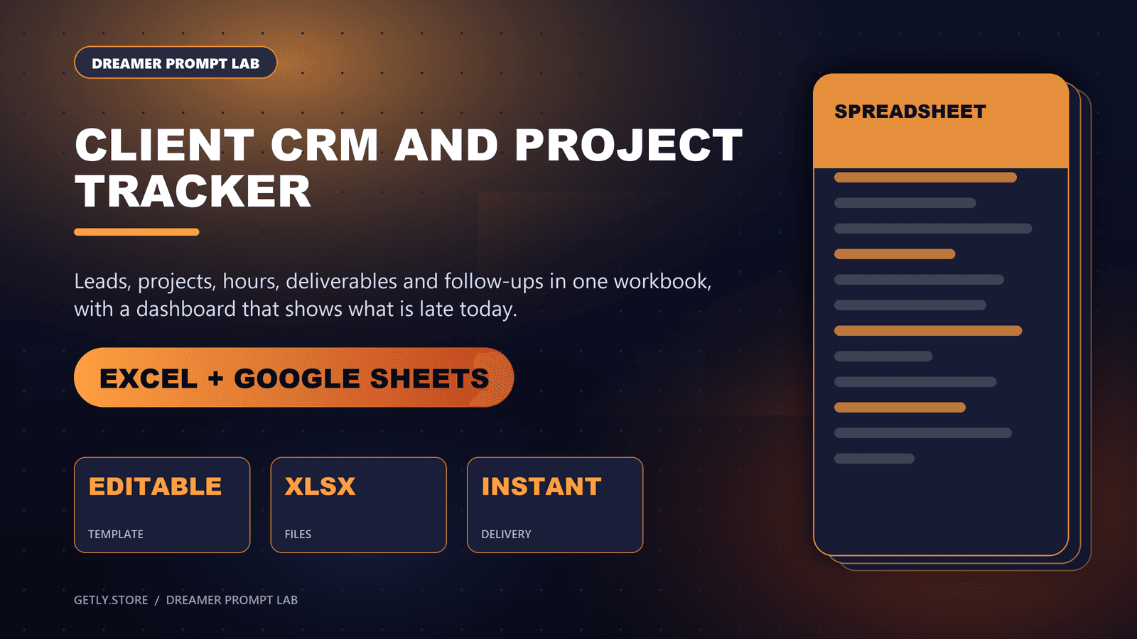 Client CRM and Project Tracker — Sales Pipeline, Projects, Timesheet, Deliverables and Win-Rate Dashboard (Excel and Google Sheets). Leads, projects, hours, deliverables and follow-ups in one workbook, with a dashboard that shows what is la