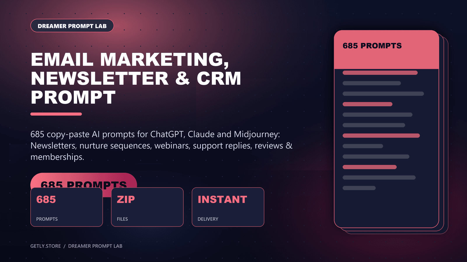 Email Marketing, Newsletter & CRM Prompt Pack - 685 Prompts for Newsletters, Funnels & Support. 685 copy-paste AI prompts for ChatGPT, Claude and Midjourney: Newsletters, nurture sequences, webinars, support replies, reviews & memberships.