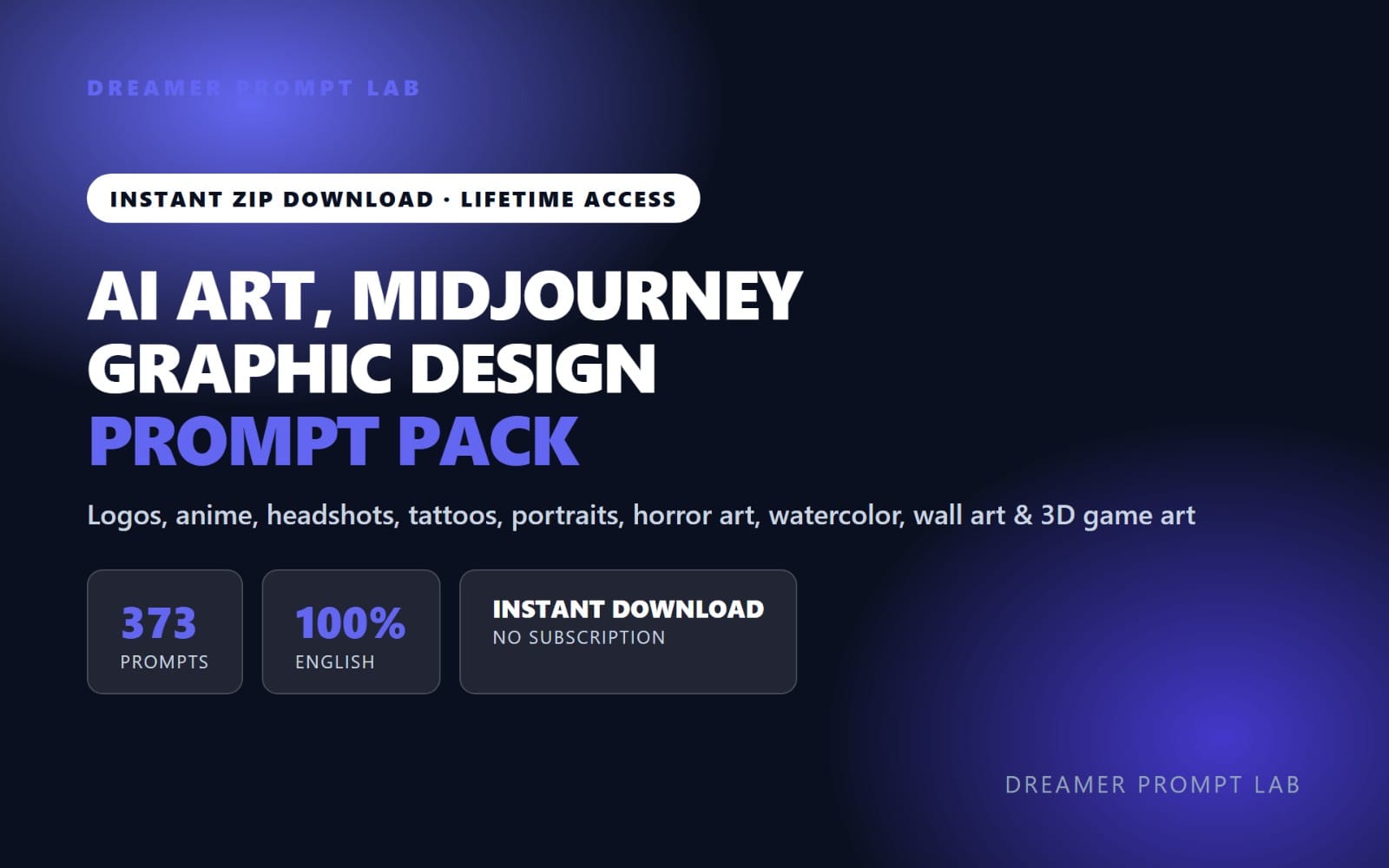 Promotional banner for an AI art Midjourney and graphic design prompt pack with 373 prompt highlights and download info