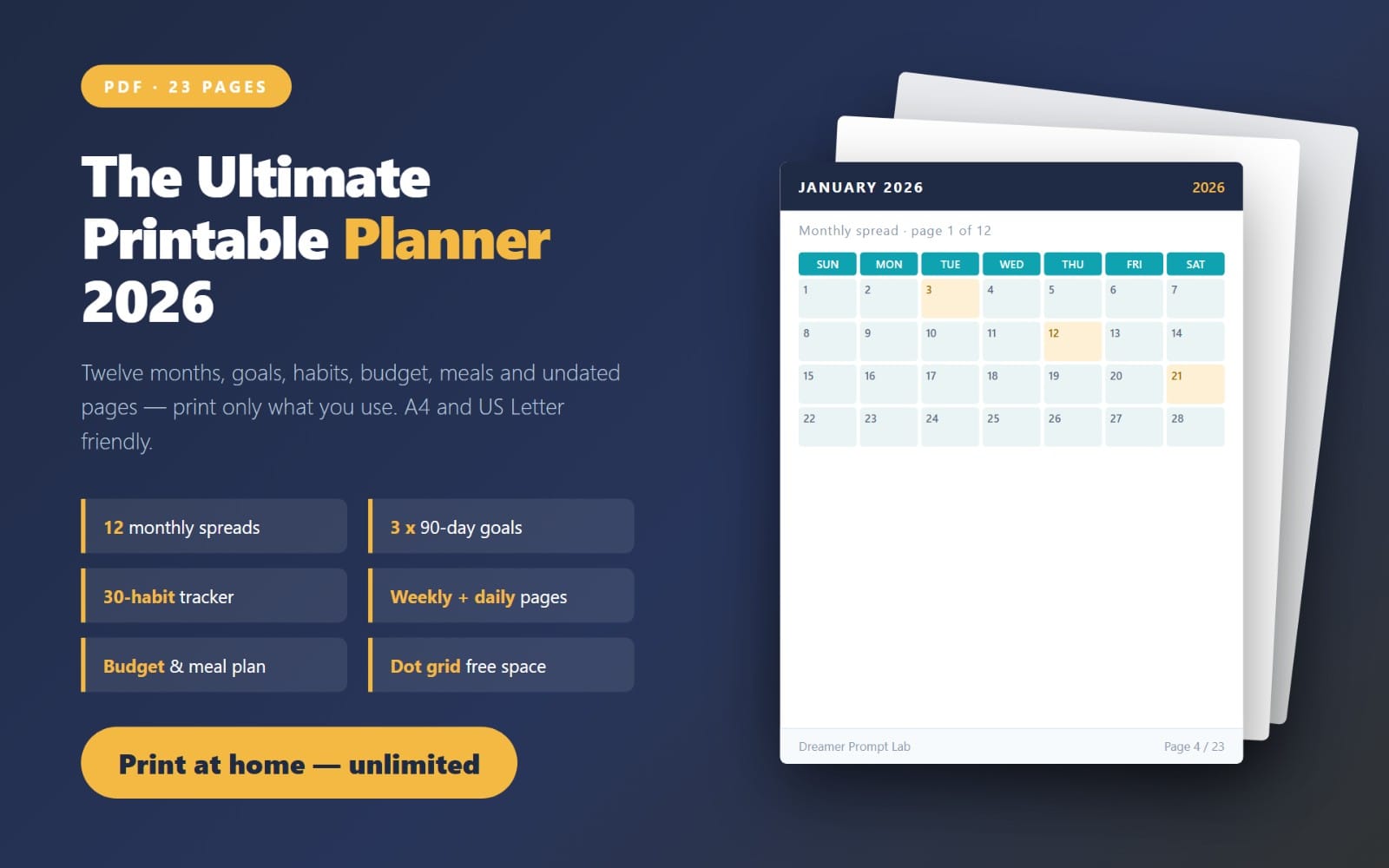The Ultimate Printable Planner 2026 — 23 Pages: Monthly Spreads, Goals, Habit Tracker, Budget, Meal Plan (A4 & US Letter PDF)
