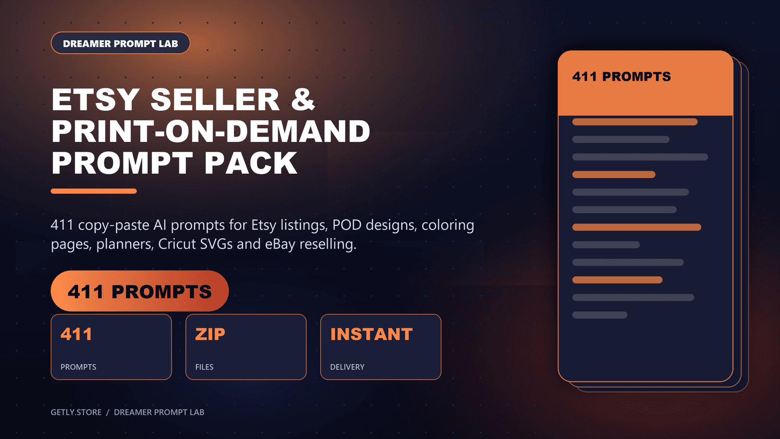Etsy Seller & Print-on-Demand Prompt Pack — 411 Prompts for Listings, POD & Handmade Shops. 411 copy-paste AI prompts for Etsy listings, POD designs, coloring pages, planners, Cricut SVGs and eBay reselling.