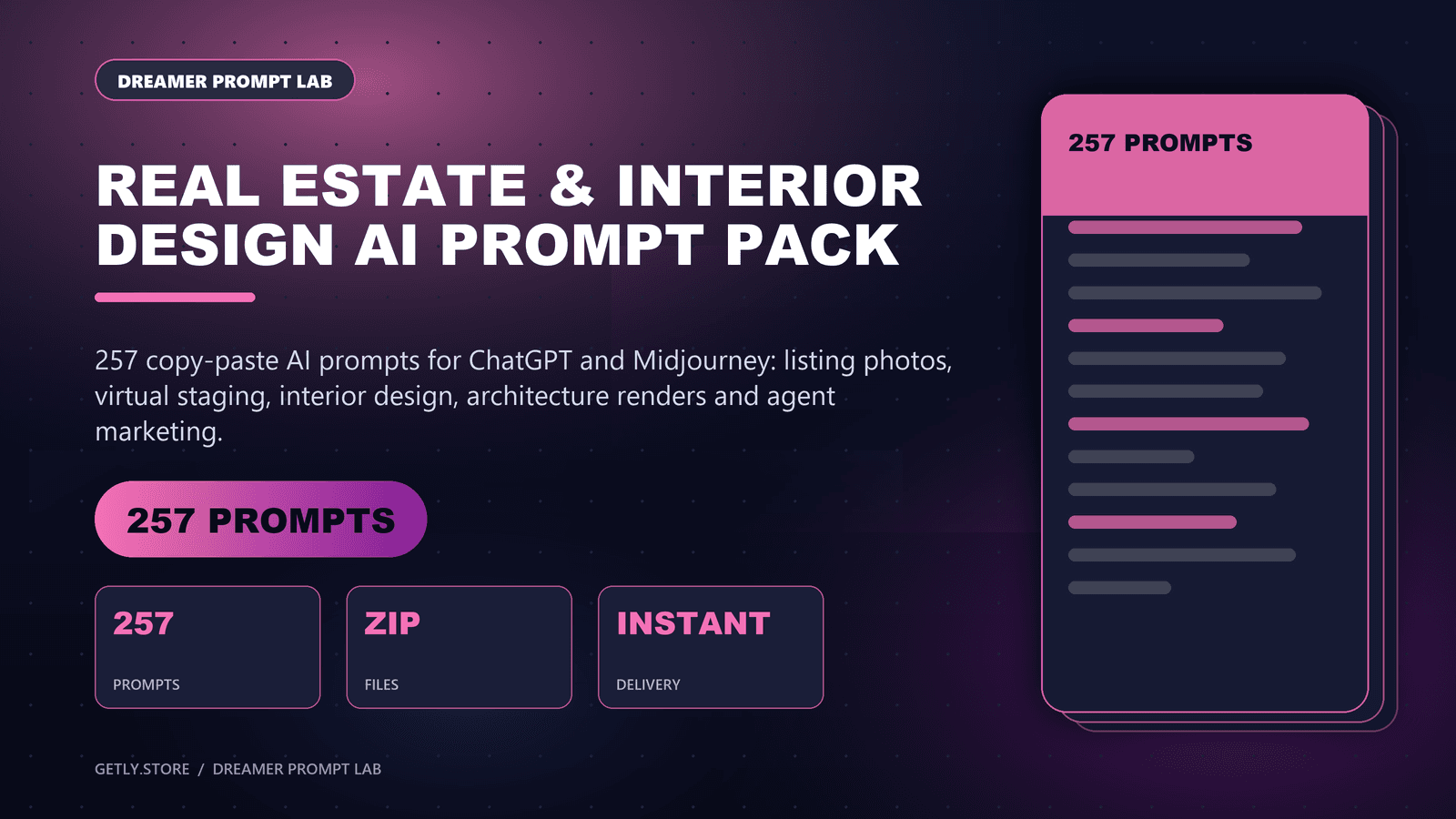 Real Estate & Interior Design AI Prompt Pack - 257 Prompts for Listing Photos, Virtual Staging, Home Decor, Architecture & Renovation. 257 copy-paste AI prompts for ChatGPT and Midjourney: listing photos, virtual staging, interior design, a