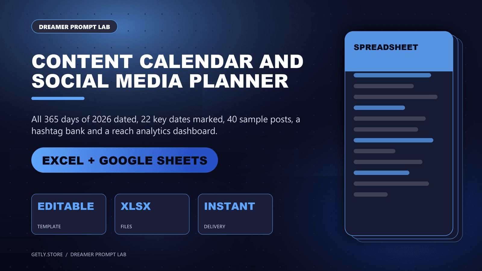 Content Calendar and Social Media Planner 2026 — 365-Day Posting Schedule, Post Tracker and Analytics for Excel and Google Sheets. All 365 days of 2026 dated, 22 key dates marked, 40 sample posts, a hashtag bank and a reach analytics dashbo