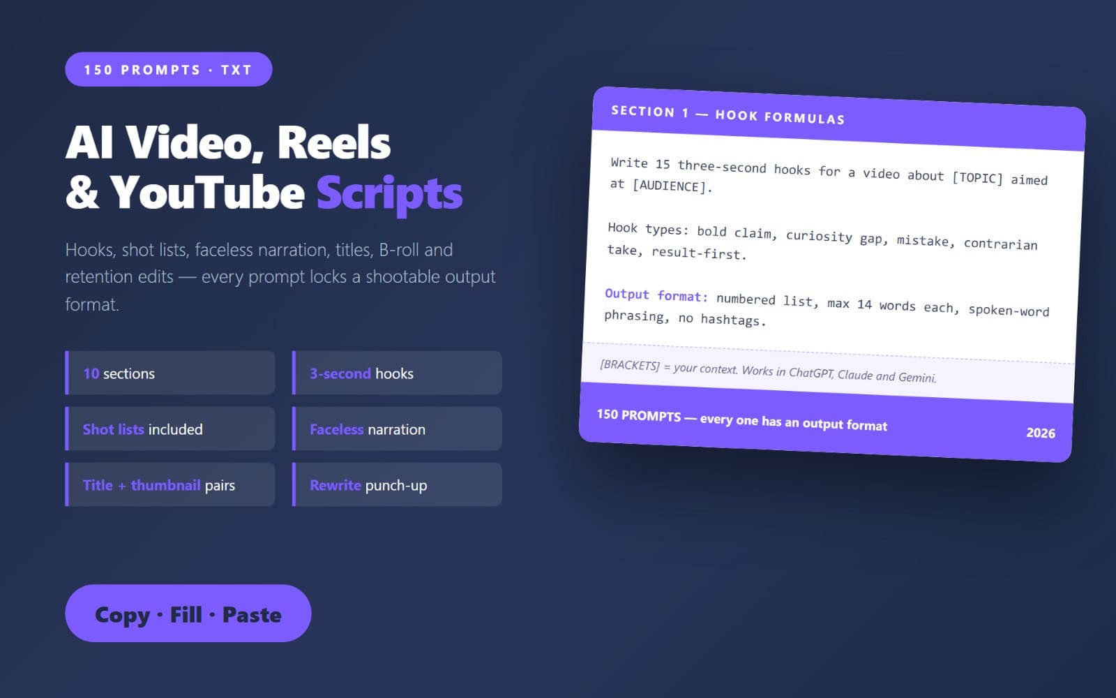 Promotional graphic for an AI video script prompt pack showing 150 prompts, hook formulas, and editing features