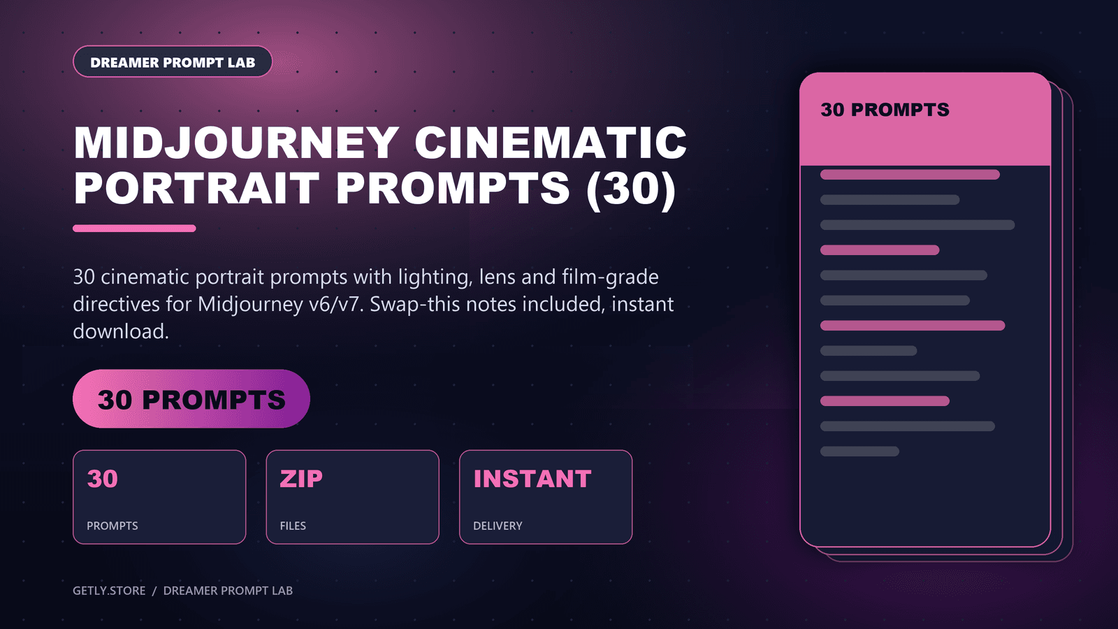 Midjourney Cinematic Portrait Prompts (30). 30 cinematic portrait prompts with lighting, lens and film-grade directives for Midjourney v6/v7. Swap-this notes included, instant download.