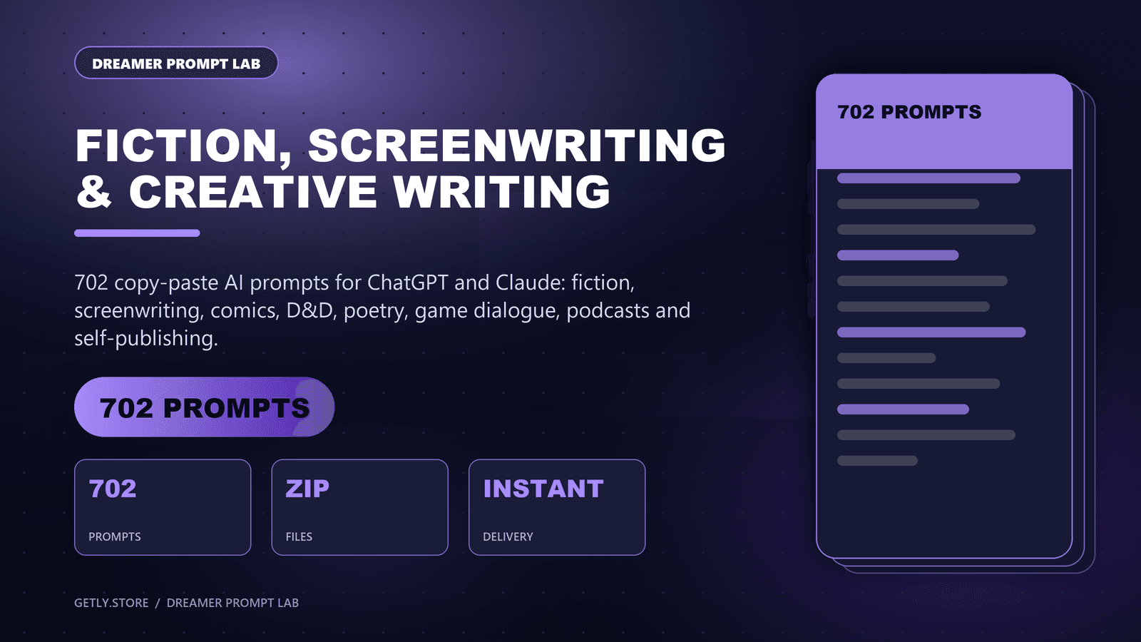 Fiction, Screenwriting & Creative Writing Prompt Pack - 702 Prompts for Novels, Comics, D&D, Poetry, Game Dialogue & Podcasts. 702 copy-paste AI prompts for ChatGPT and Claude: fiction, screenwriting, comics, D&D, poetry, game dialogue, pod