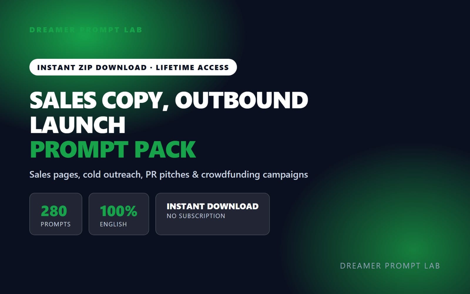 Digital banner for a Sales Copy Outbound Launch Prompt Pack with 280 prompts, instant zip download and lifetime access