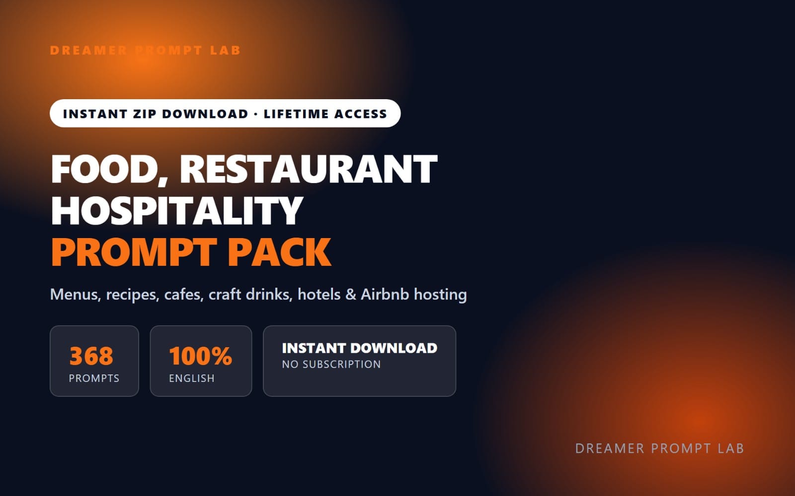 Promotional banner for Food, Restaurant & Hospitality prompt pack with text labels for 368 prompts and instant download