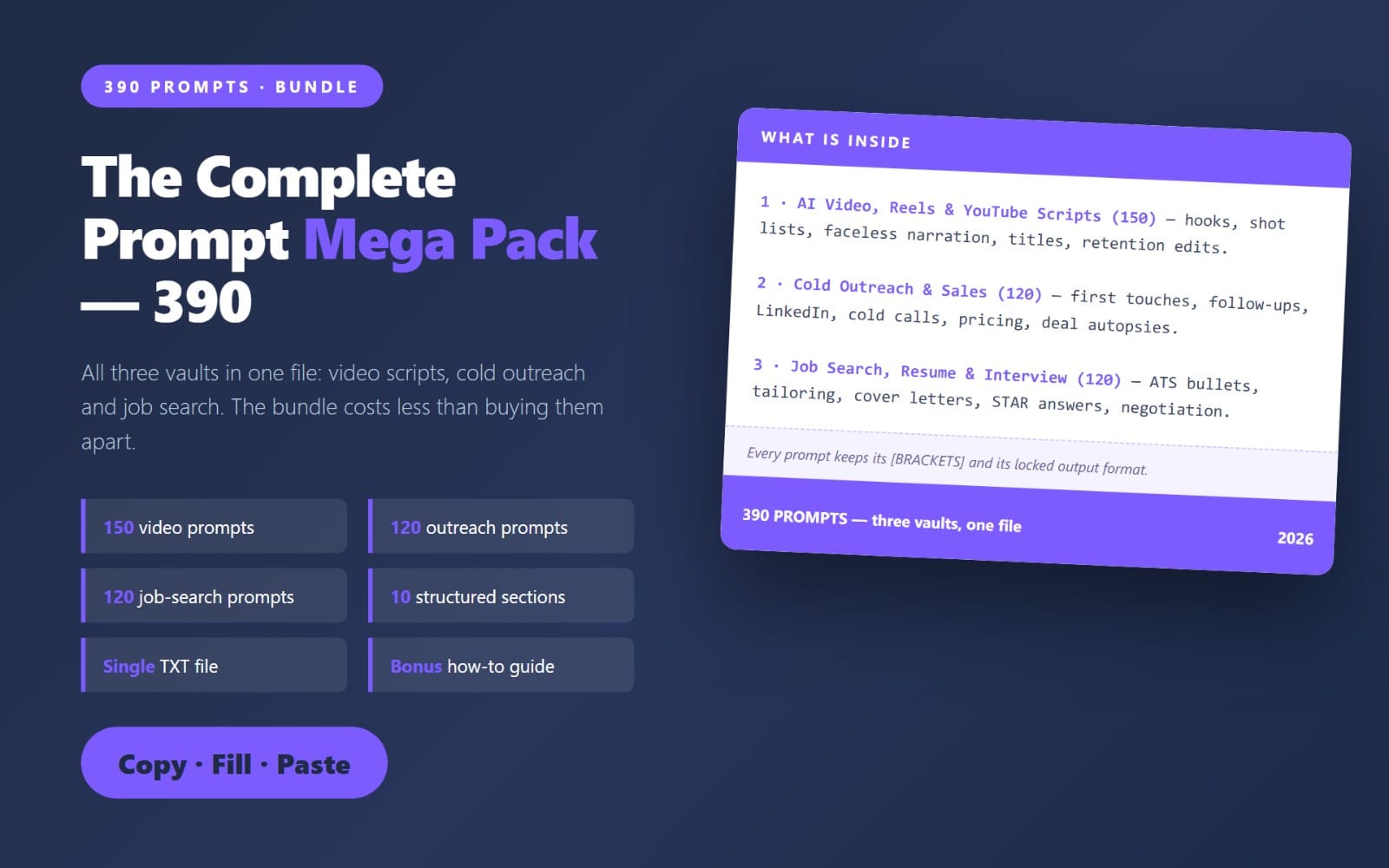 390 AI Prompt Mega Pack — Video Scripts + Cold Outreach + Job Search Vault in One Download (ChatGPT, Claude, Gemini)