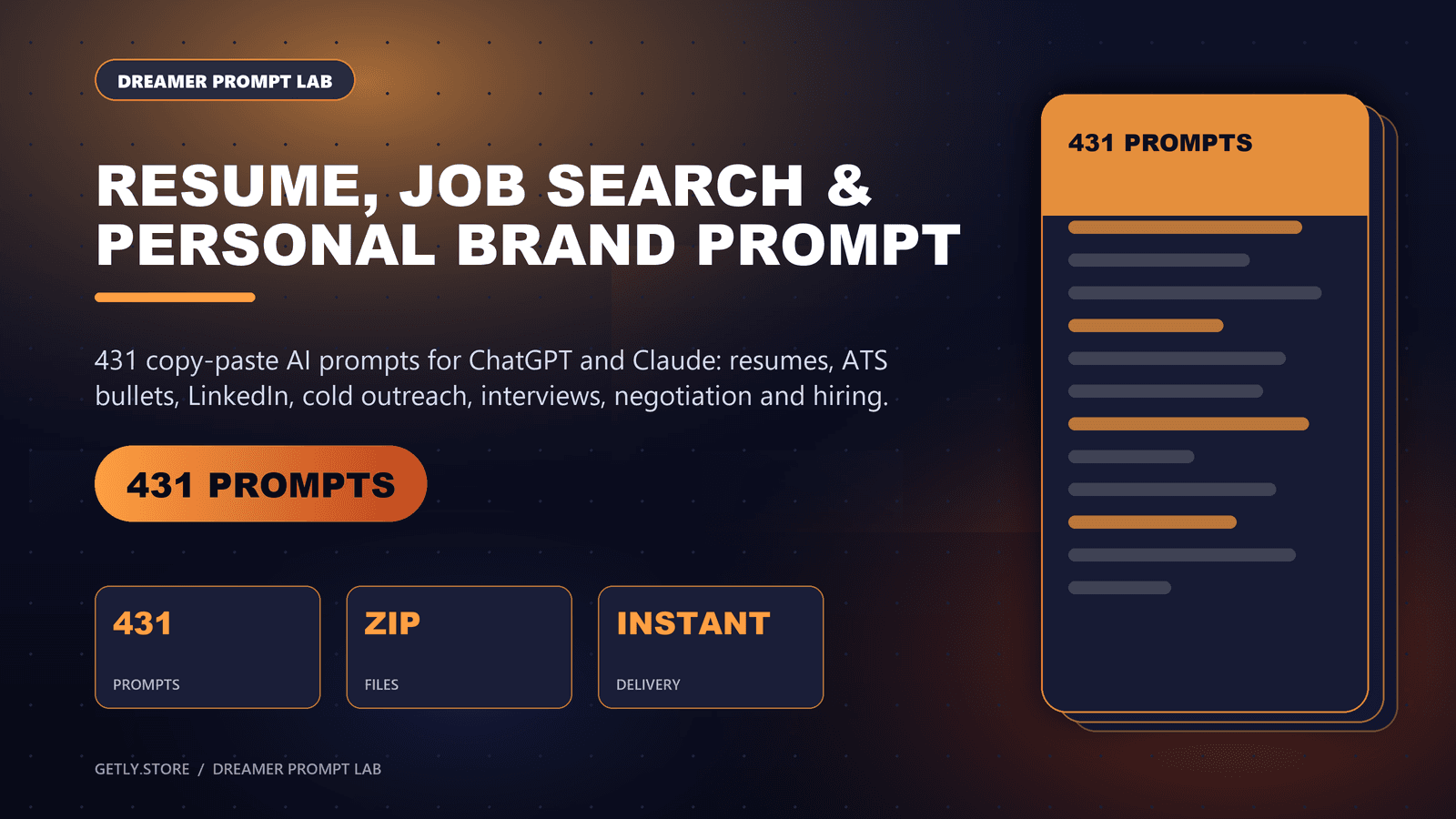 Resume, Job Search & Personal Brand Prompt Pack - 431 Prompts for Resumes, LinkedIn, cold email, interviews, salary negotiation & hiring. 431 copy-paste AI prompts for ChatGPT and Claude: resumes, ATS bullets, LinkedIn, cold outreach, inter