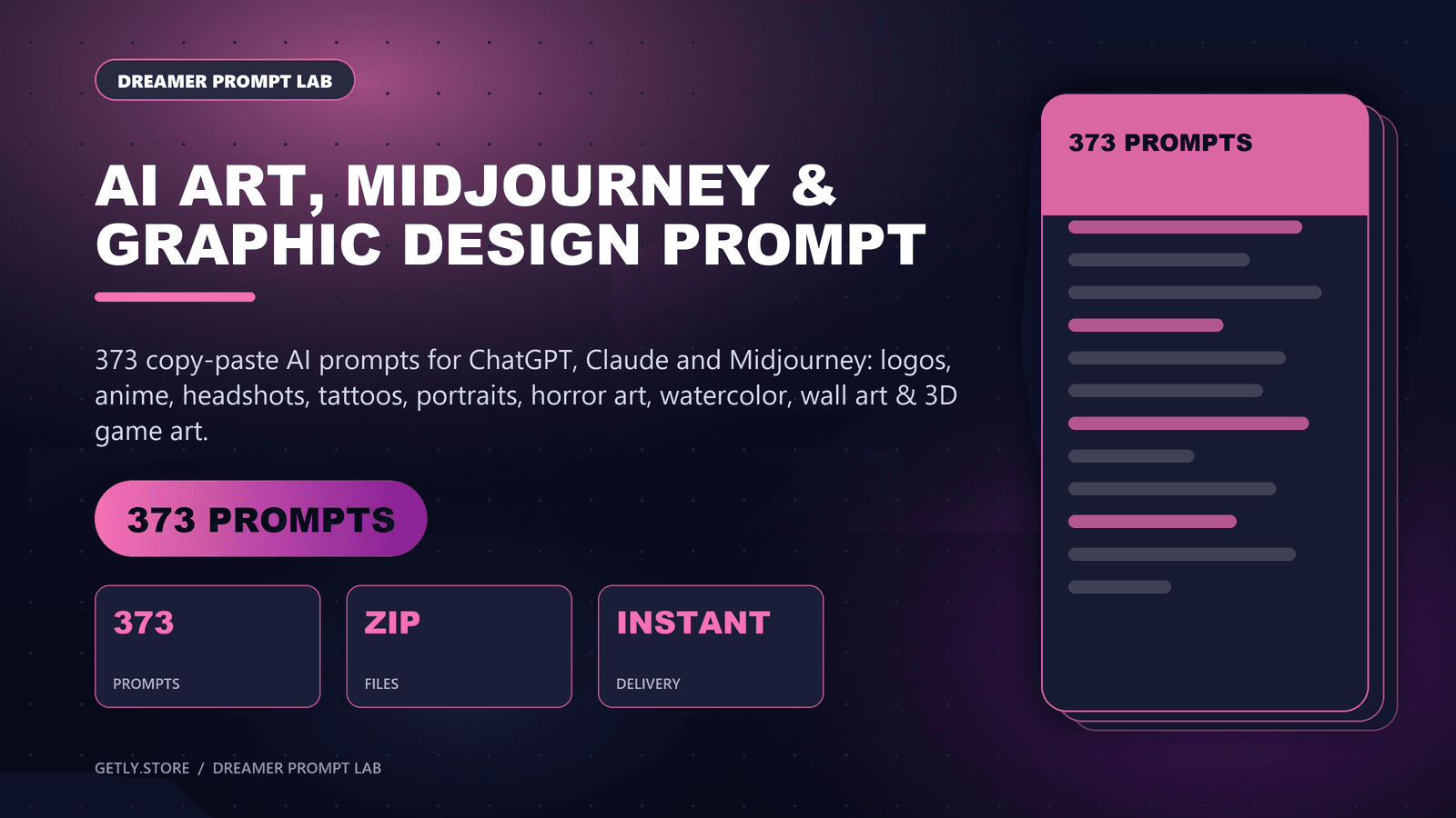 AI Art, Midjourney & Graphic Design Prompt Pack - 373 Prompts for Logos, Anime & Art. 373 copy-paste AI prompts for ChatGPT, Claude and Midjourney: logos, anime, headshots, tattoos, portraits, horror art, watercolor, wall art & 3D game art.