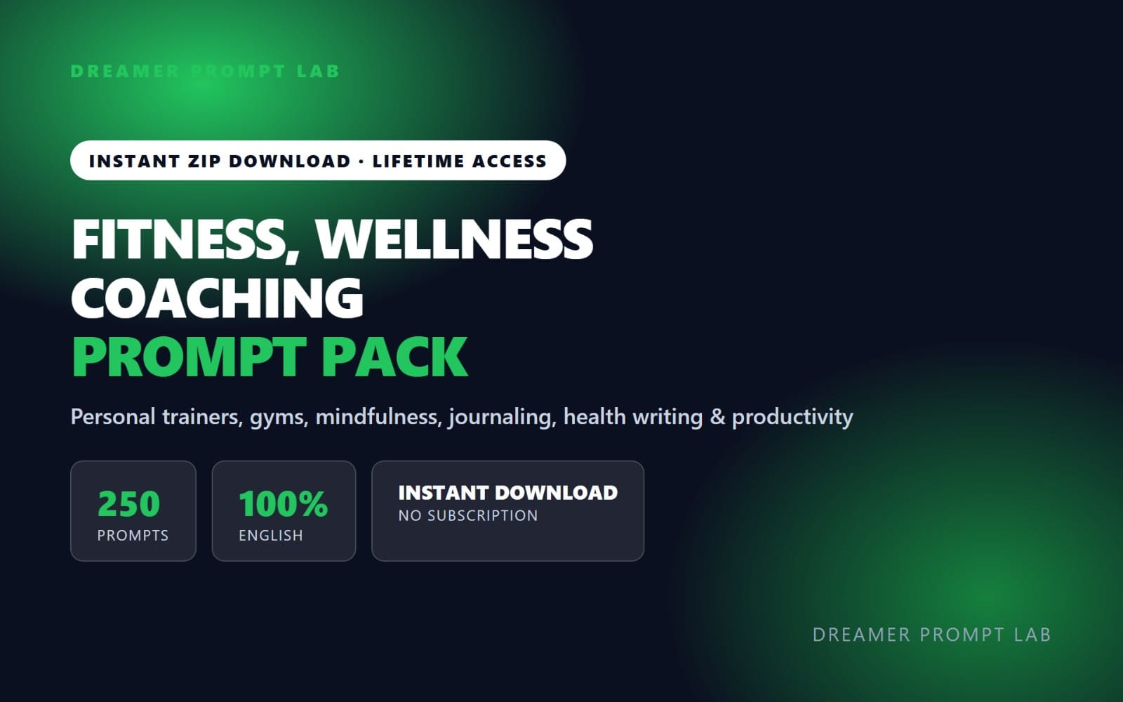 Promotional banner for a Fitness Wellness Coaching Prompt Pack featuring 250 downloadable coaching prompts text design
