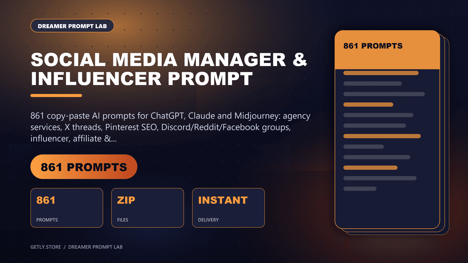 Social Media Manager & Influencer Prompt Pack - 861 Prompts for Threads, Pinterest, Groups & Outreach. 861 copy-paste AI prompts for ChatGPT, Claude and Midjourney: agency services, X threads, Pinterest SEO, Discord/Reddit/Facebook groups,