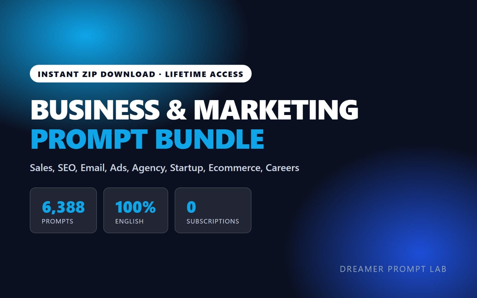 Business and marketing prompt bundle banner with instant zip download text and 6,388 prompts statistics