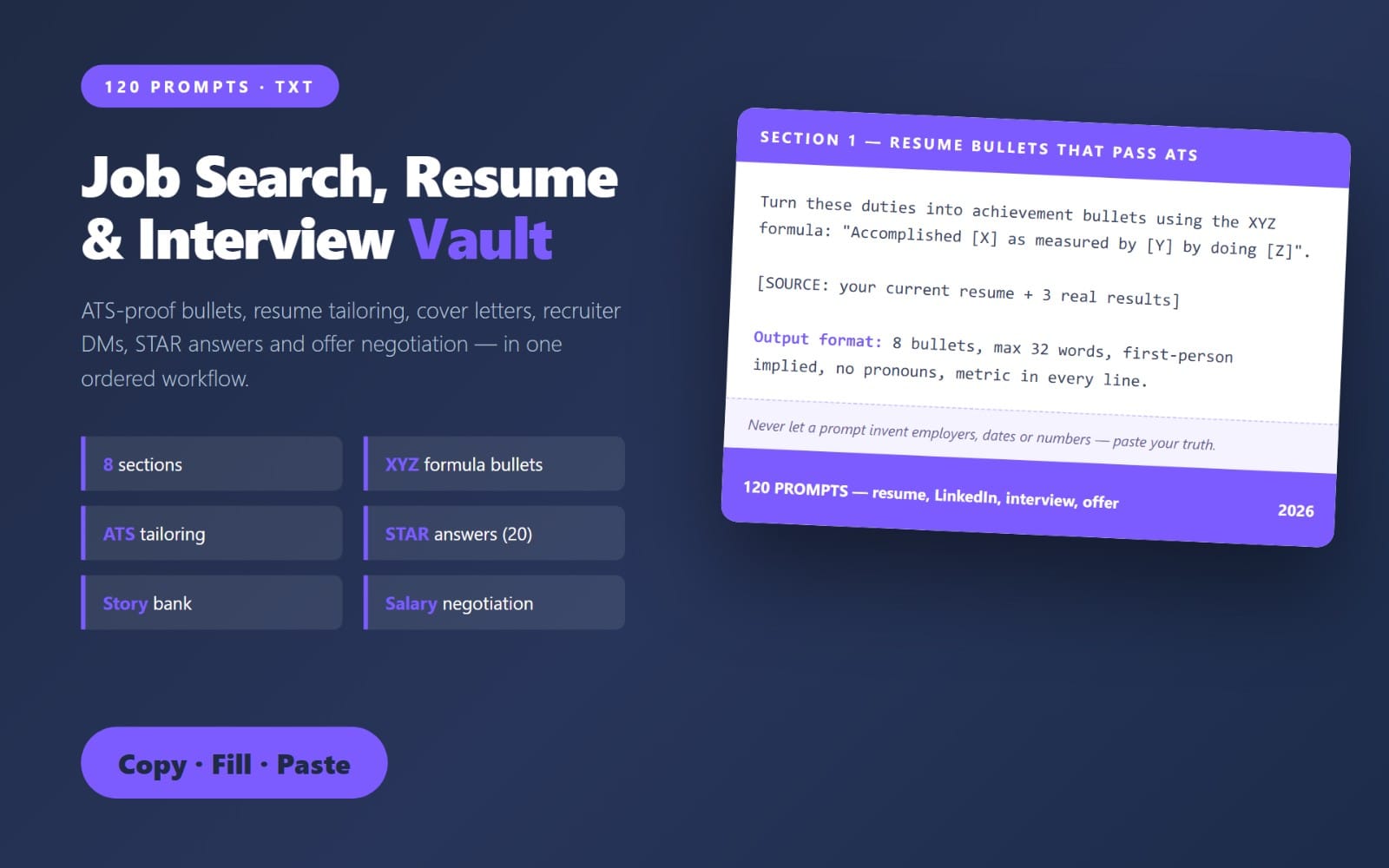 Digital product cover showing 120 job search prompts for resumes, ATS bullets, cover letters, interviews, and salary