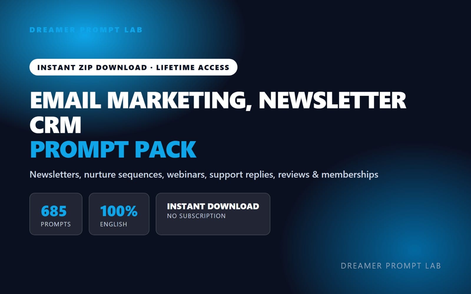 Email marketing newsletter CRM prompt pack banner with instant download and 685 English prompts text and icons