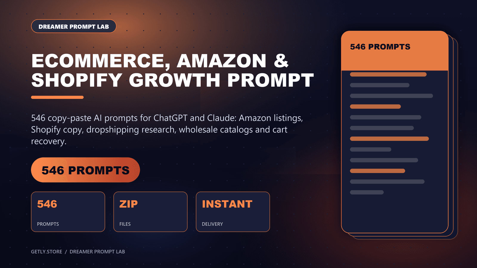 Ecommerce, Amazon & Shopify Growth Prompt Pack - 546 Prompts for Listings, Product Copy, Dropshipping & Cart Recovery. 546 copy-paste AI prompts for ChatGPT and Claude: Amazon listings, Shopify copy, dropshipping research, wholesale catalog
