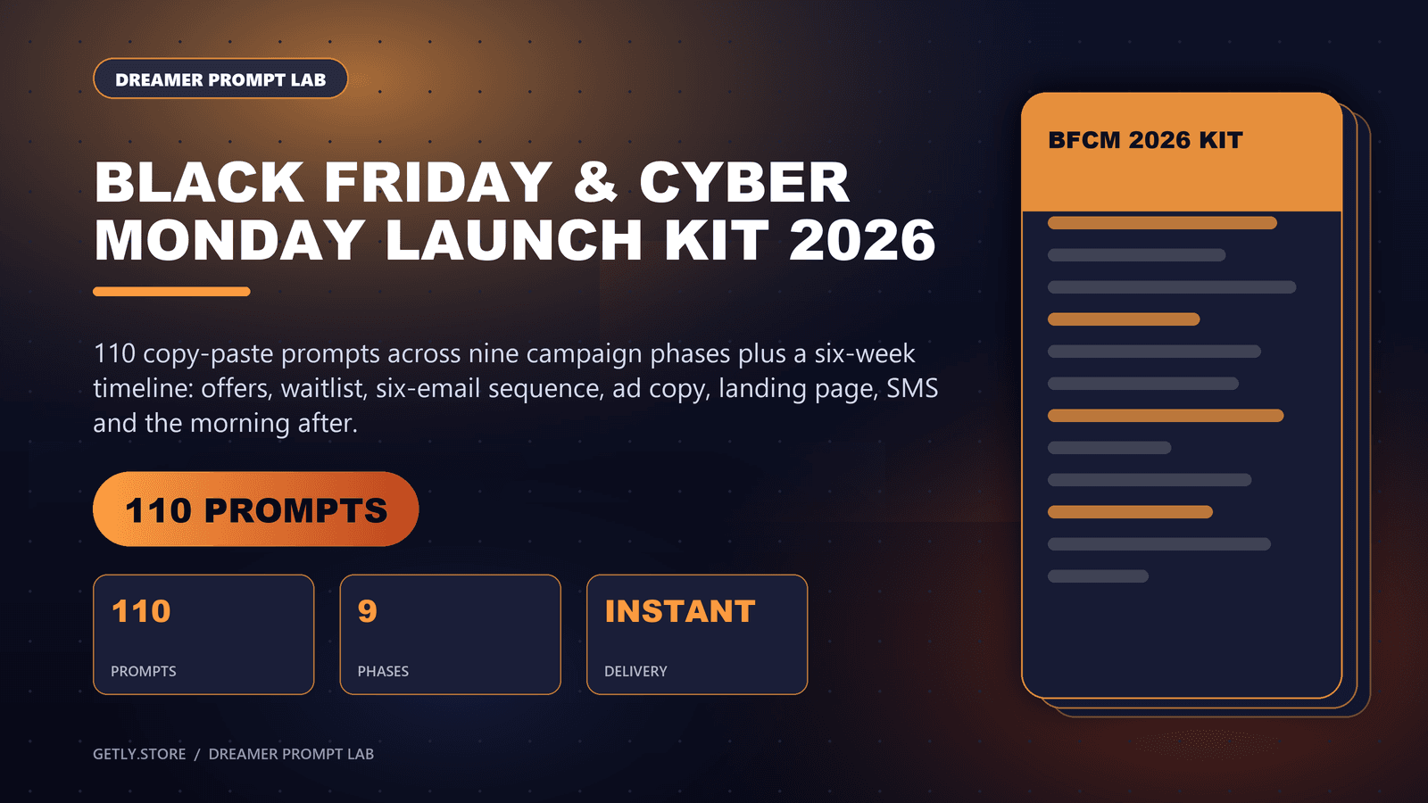 Black Friday and Cyber Monday Launch Kit 2026 cover - 110 prompts across 9 campaign phases with a six-week timeline, shown as a stacked document on a dark navy and orange gradient.