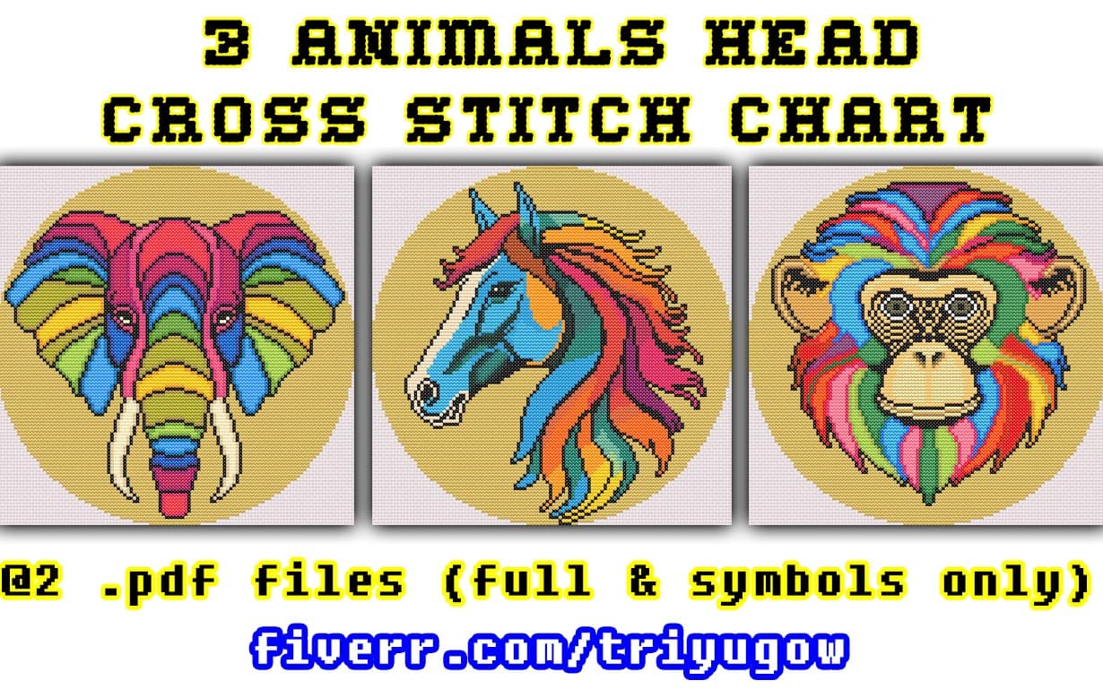 3 Animals Head – Cross Stitch Pattern (PDF Instant Download)