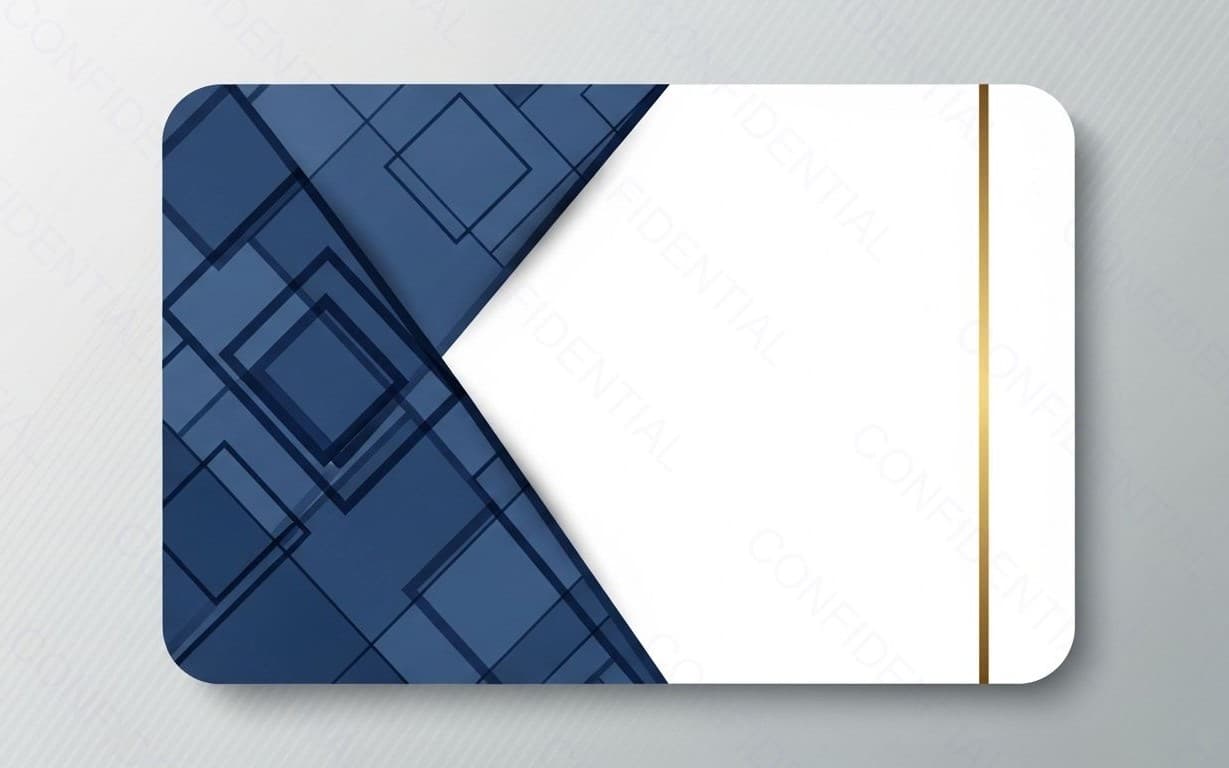 Modern Business Card Template With Blue Geometric Design, White Space and Gold Accent Stripe