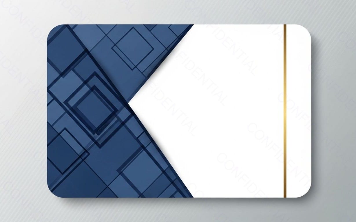 Modern Business Card Template With Blue Geometric Design, White Space and Gold Accent Stripe