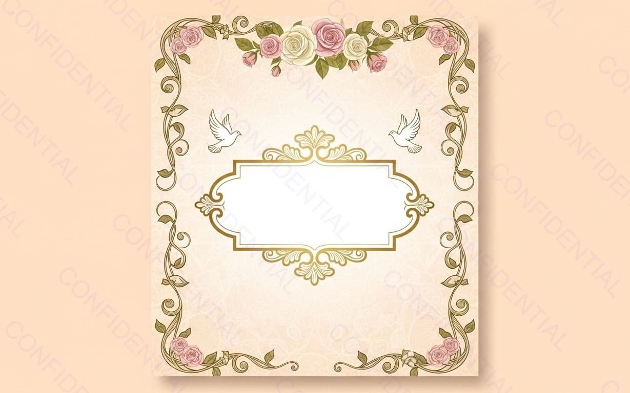 Elegant Vintage Floral Wedding Invitation Template With Gold Frame, Roses and Doves
