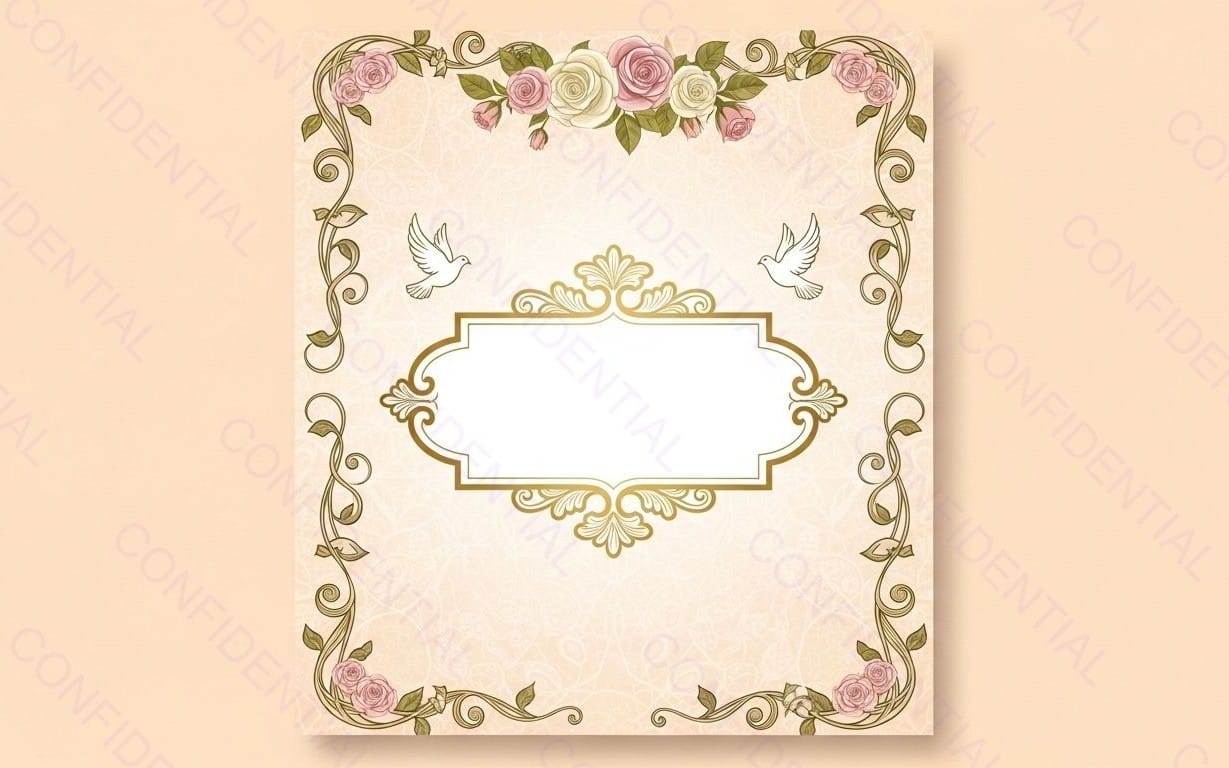 Elegant Vintage Floral Wedding Invitation Template With Gold Frame, Roses and Doves