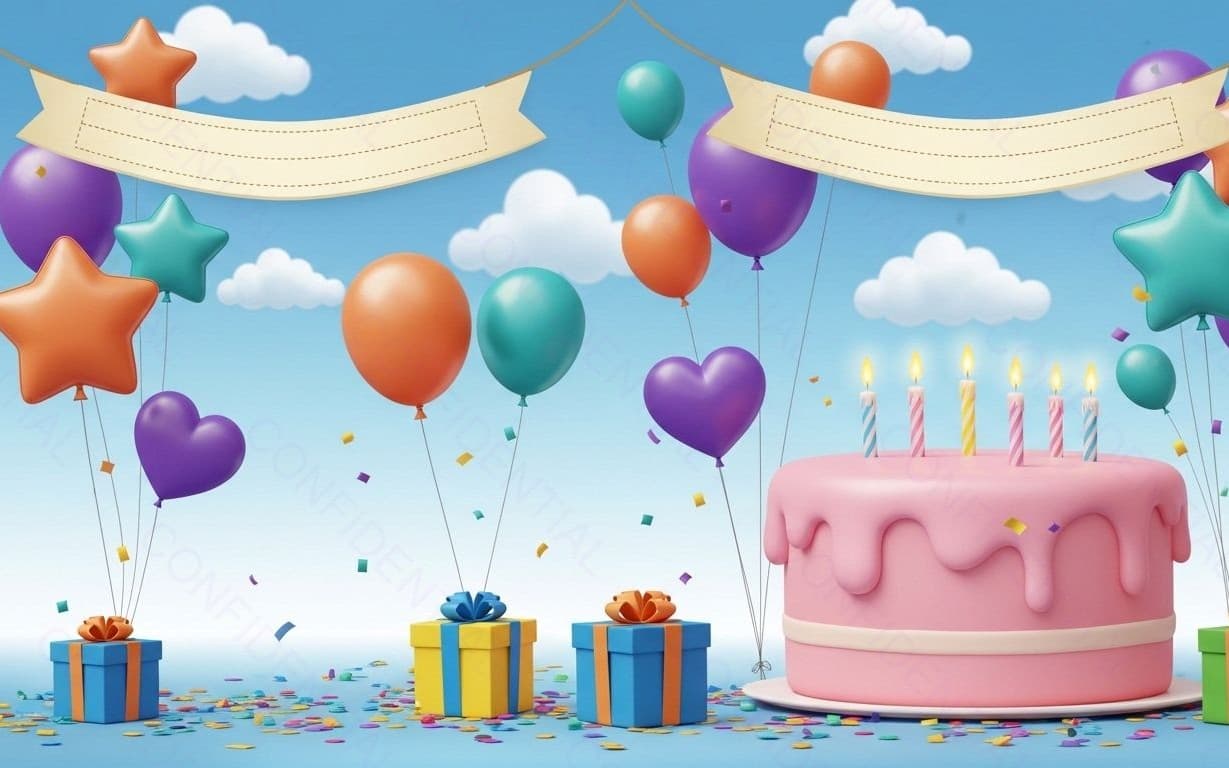 Colorful Birthday Celebration With Pink Cake, Balloons, Presents and Confetti Under Banners