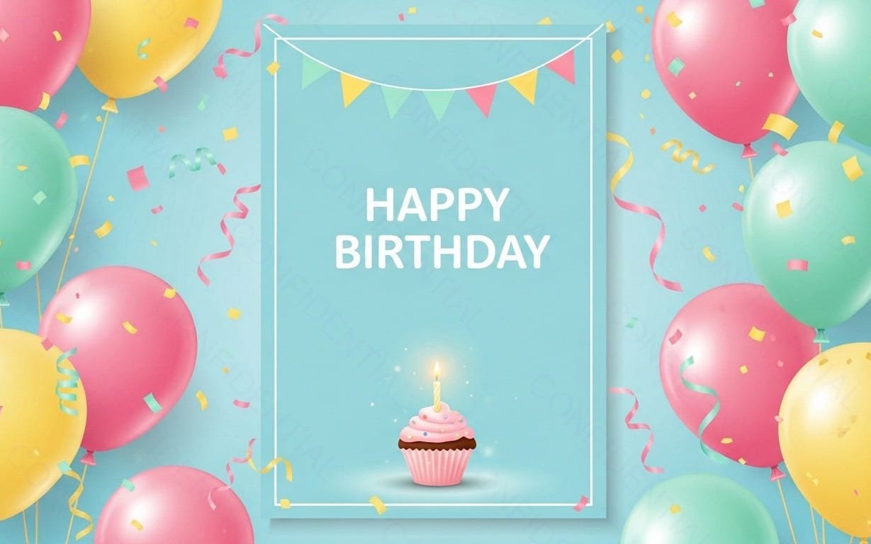 Happy Birthday Card With Cupcake Candle, Colorful Balloons, Confetti and Party Bunting
