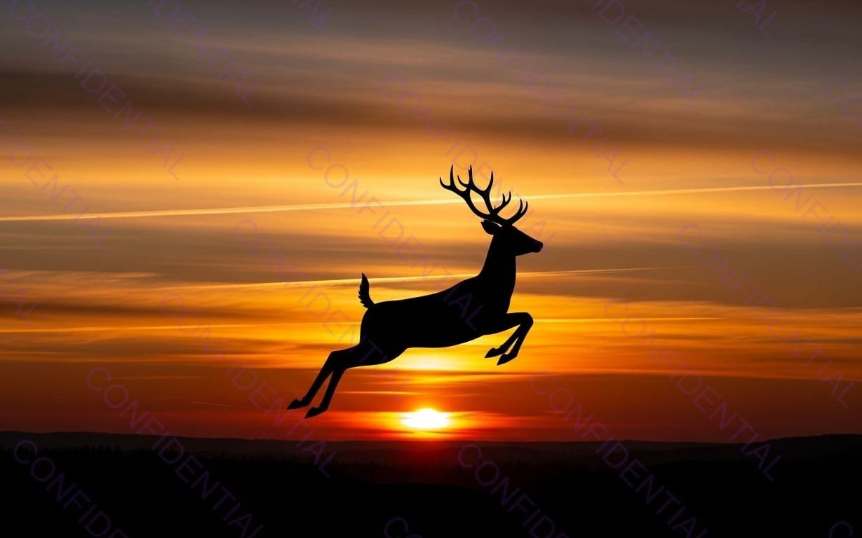 Leaping Deer Silhouette Against Dramatic Orange Sunset Over Rolling Hills At Dusk