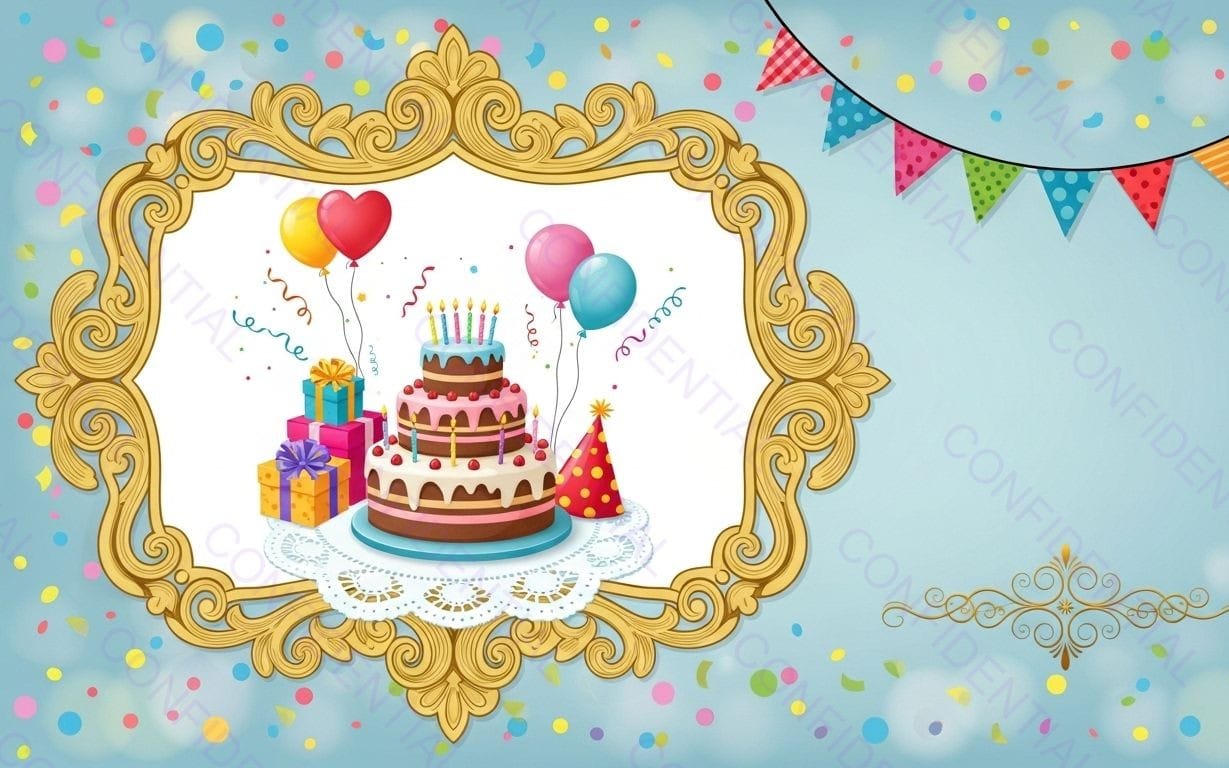 Colorful Birthday Cake Celebration With Balloons, Gifts and Ornate Gold Frame on Confetti Background