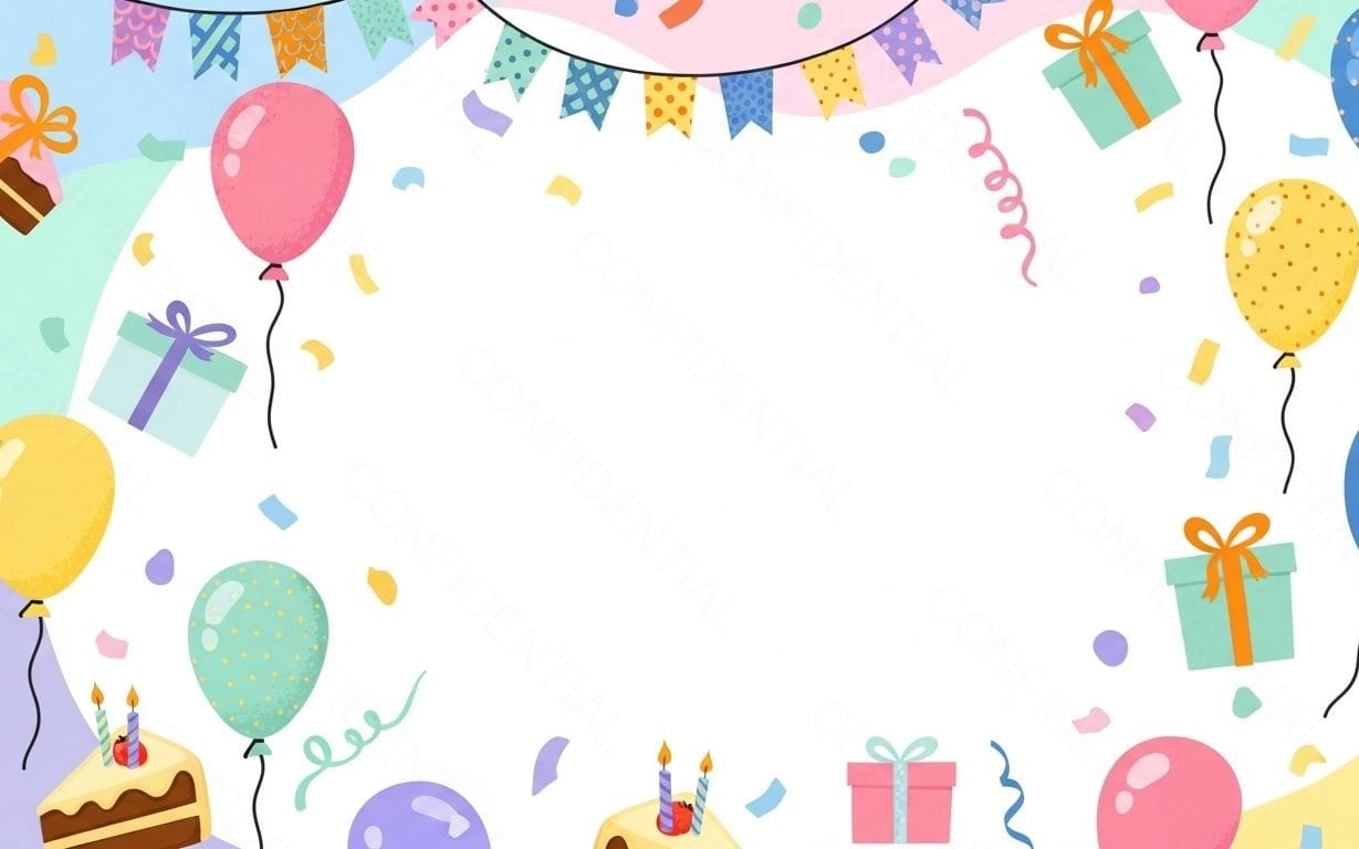 Colorful Birthday Party Frame With Balloons, Gifts, Cake and Confetti Border for Celebration