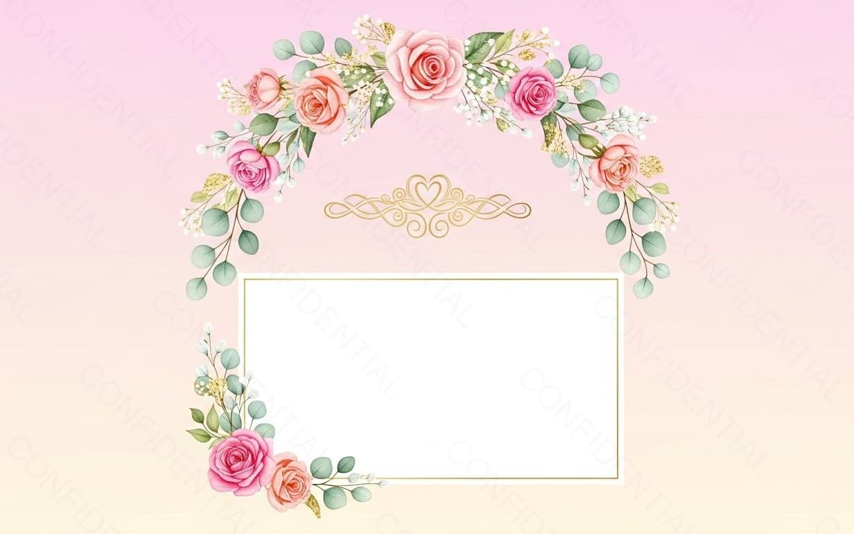 Floral Frame Wedding Invitation Template With Pink Roses, Gold Accents and Pastel Background