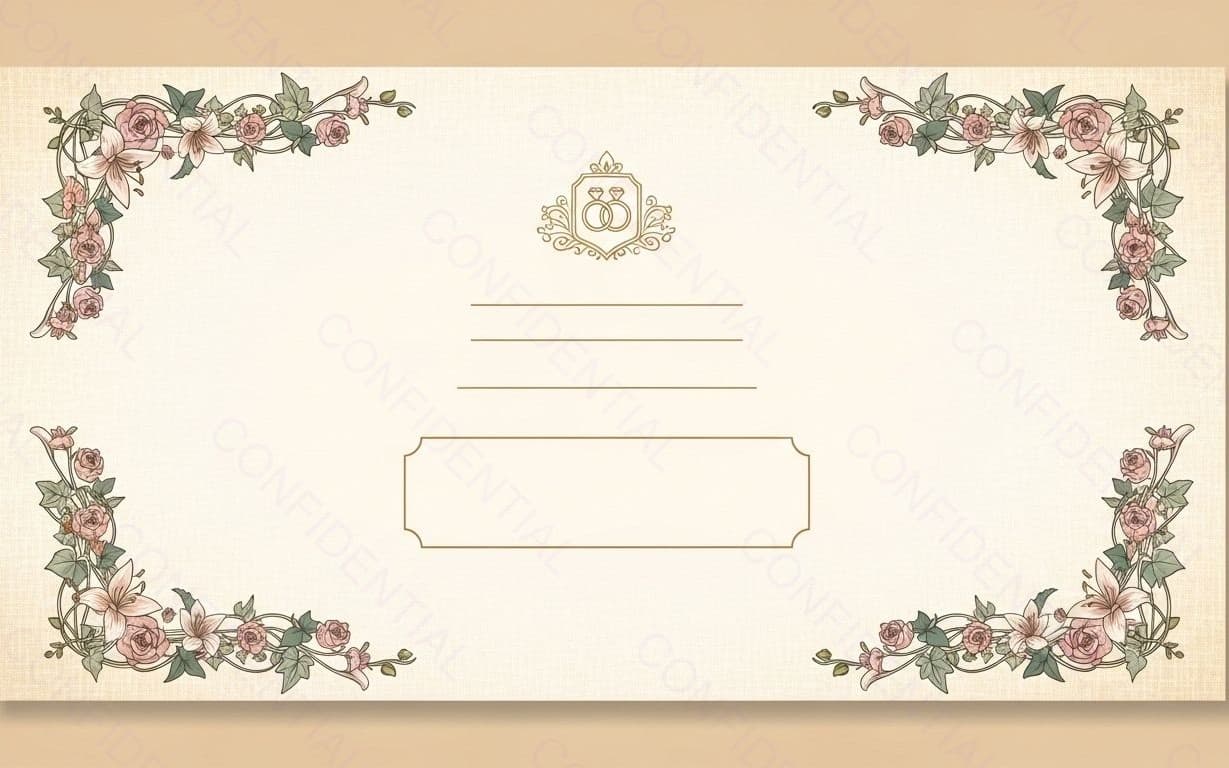 Vintage Floral Wedding Certificate Invitation Template With Ornate Corner Border and Rings Emblem