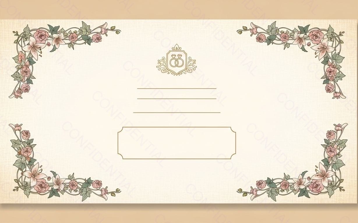 Vintage Floral Wedding Certificate Invitation Template With Ornate Corner Border and Rings Emblem