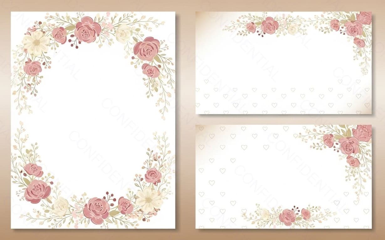 Romantic Pink Floral Frame Set With Rose Borders for Wedding Invitations and Stationery