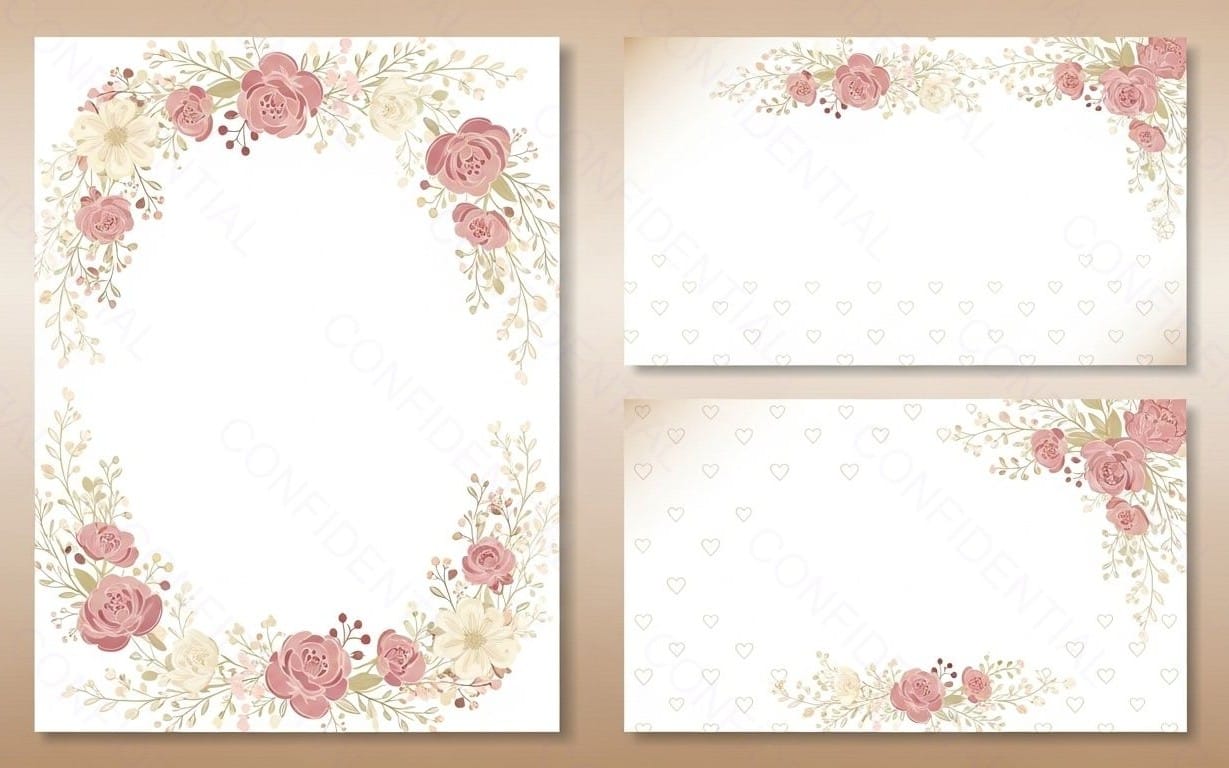 Romantisches Puderrosafarbenes Blumenrahmen-Set mit Rosenrändern für Hochzeits-Einladungen und Stationery